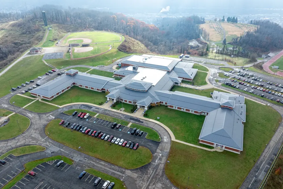 Aerial view of the Martins Ferry elementary school campus with its grey standing-seam metal roof